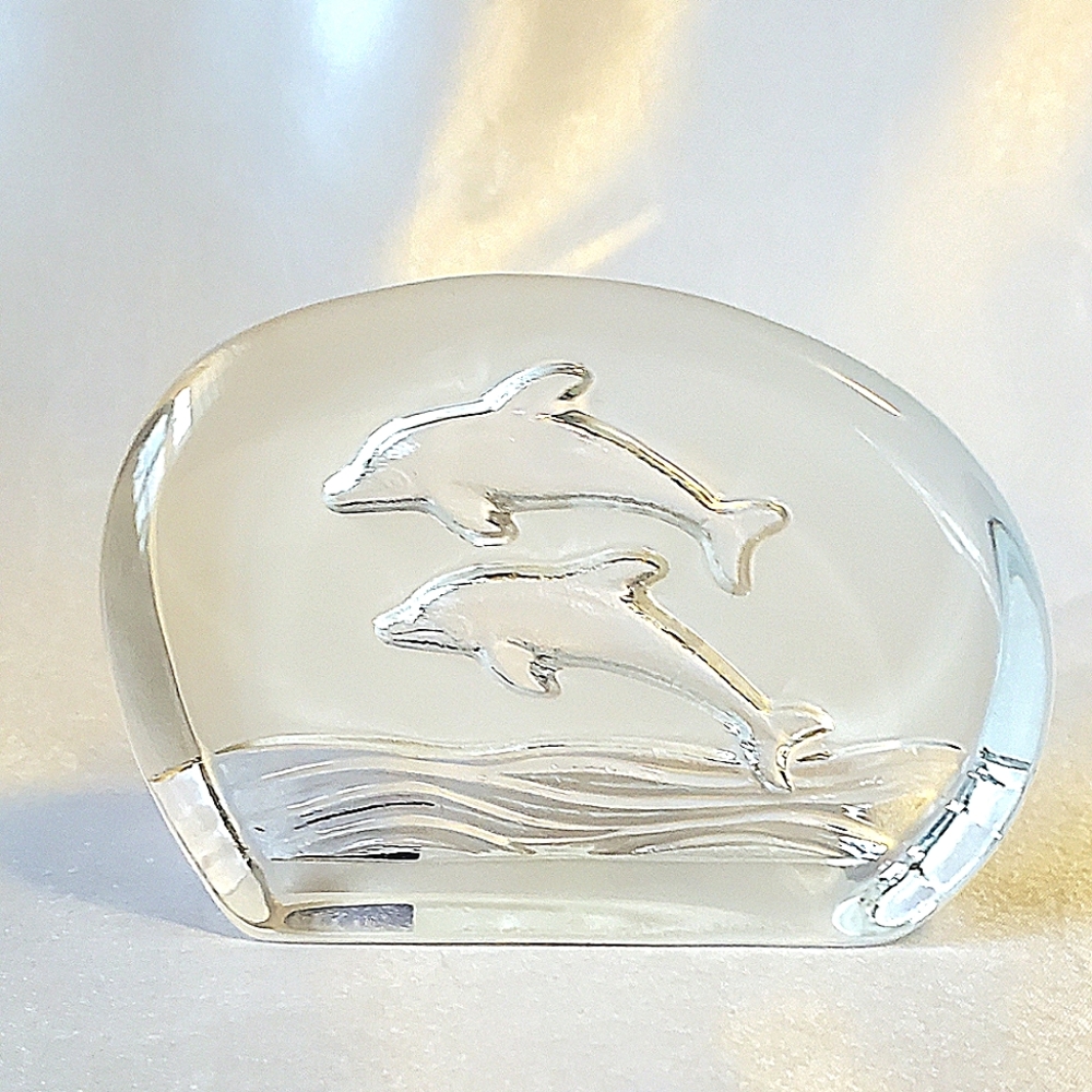 Vintage Tilley Etched Crystal Dolphin Paperweight,  Canada